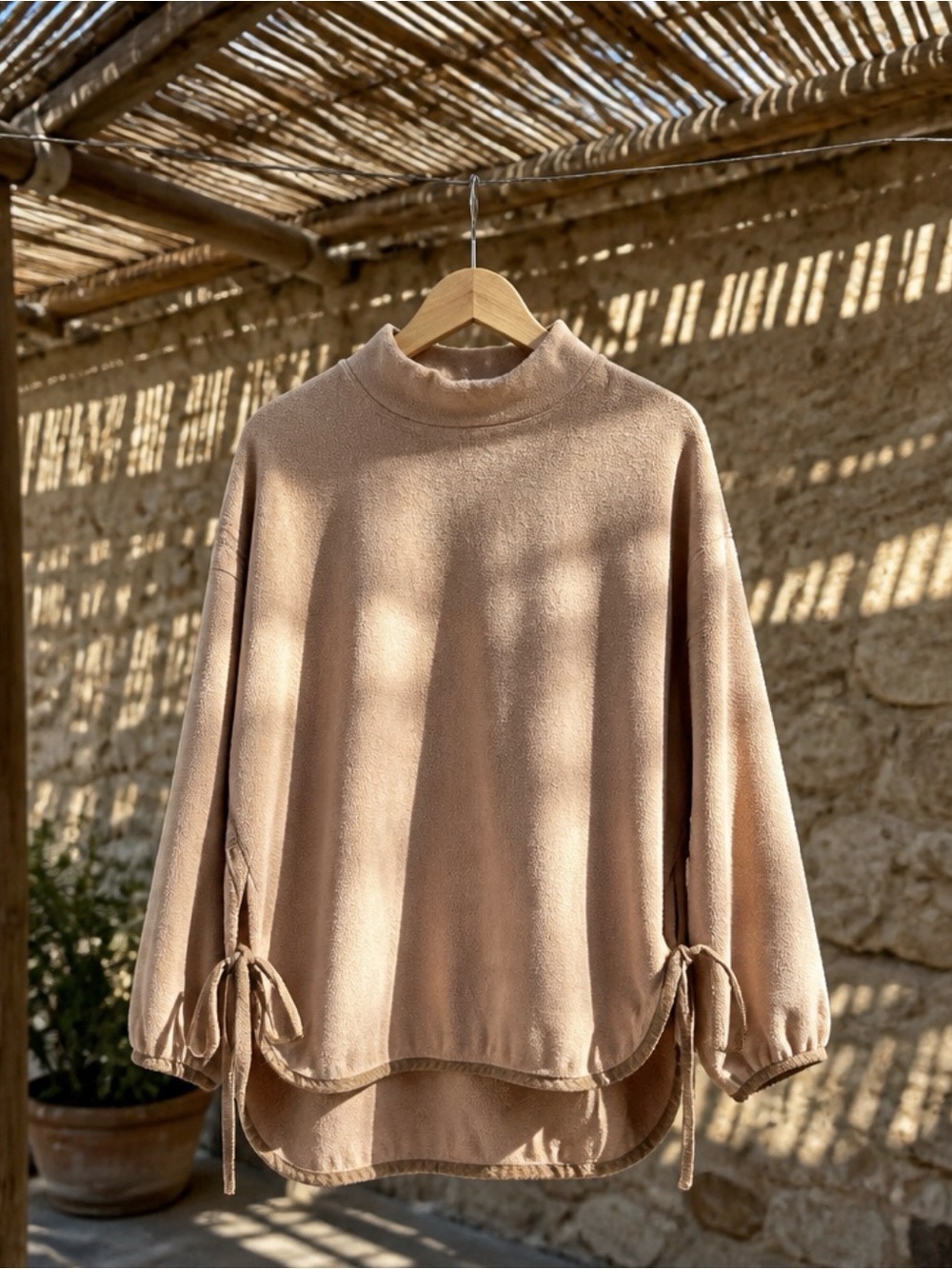 White Mountaineering Tan Mock Neck Tie-Sleeve Sweater